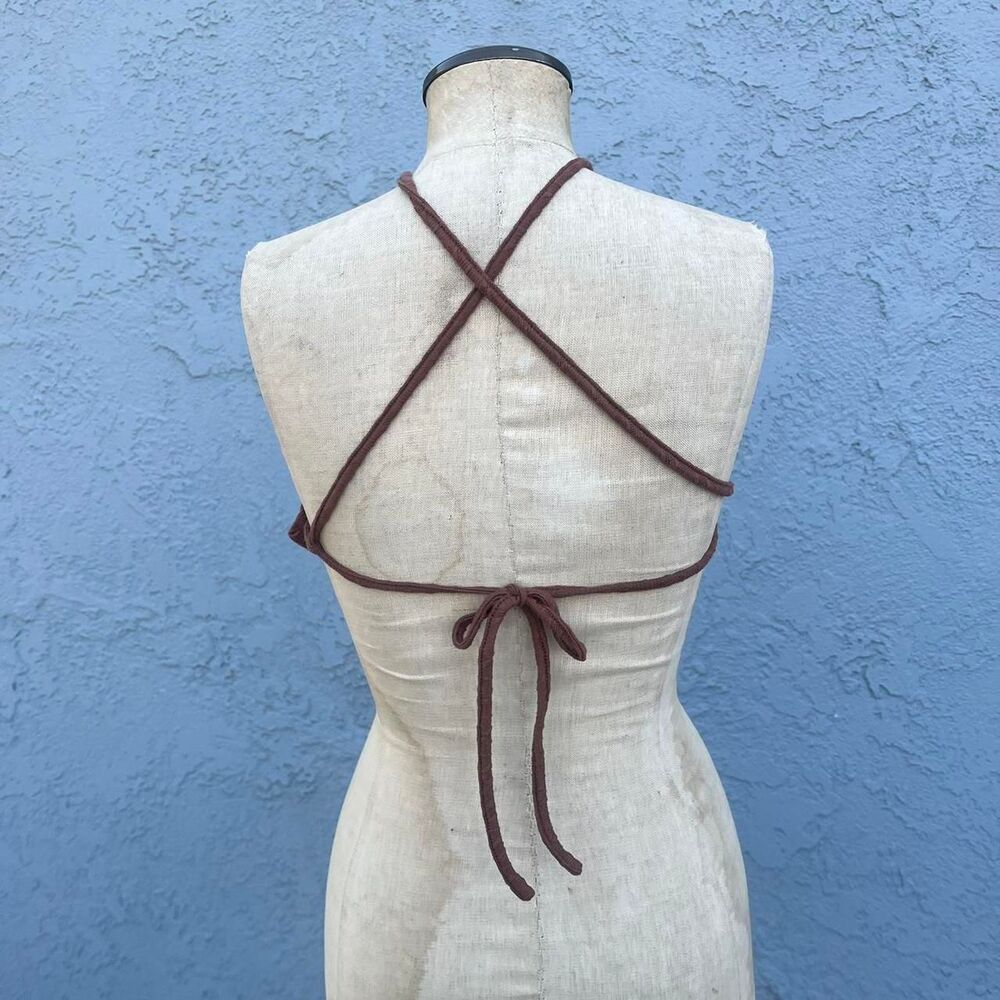 Y2k Festival Handkerchief top One size Women's Brown Tie Back Halter Crop-top - Picture 4 of 7